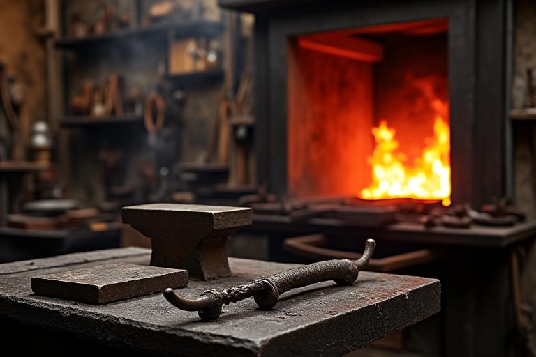 Vue intérieure de l'atelier Forge Lumière au Faubourg Saint-Antoine, Paris, avec des outils traditionnels et des pièces de métal en cours de fabrication.