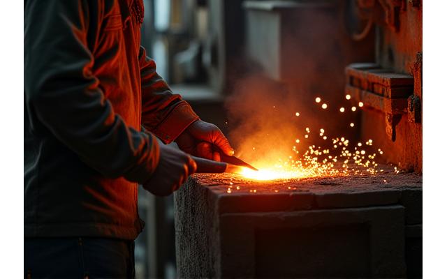 Artisan forgeant du métal avec des outils traditionnels, étincelles produites, dans un atelier sombre, ambiance authentique. Forgeron au travail sur une pièce sur mesure.