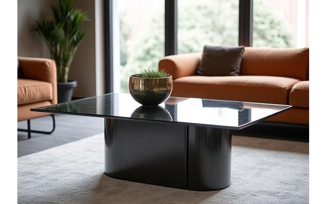 Table basse design en métal forgé, plateau en verre, lignes élégantes, dans un intérieur moderne et lumineux. Création de mobilier contemporain en métal.