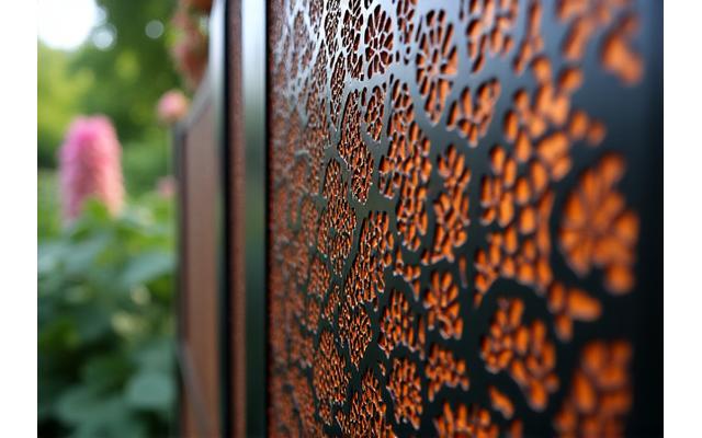 Panneau décoratif en acier découpé et ajouré avec des motifs floraux complexes, rétroéclairé, dans un jardin contemporain. Objet décoratif sur mesure, ferronnerie d'art.