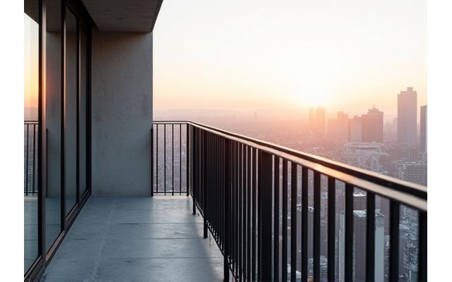Garde-corps de balcon en fer forgé, design épuré et contemporain, vue sur une ville. Balcon en ferronnerie, pièce architecturale.