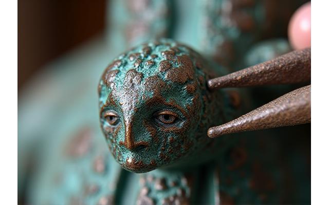 Gros plan sur un détail restauré d'une sculpture en métal historique, patine d'origine préservée, processus minutieux. Conservation d'œuvres d'art métalliques.