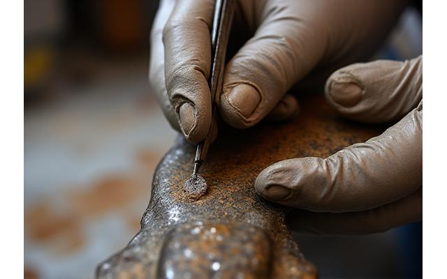 Application d'une patine protectrice sur un élément métallique restauré, main d'artisan, détail de texture. Fini de restauration, technique artisanale.