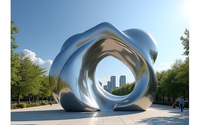 Sculpture abstraite imposante en acier poli, formes fluides et dynamiques, reflétant la lumière du soleil dans un parc moderne. Art métallique contemporain, oeuvre d'art en métal.