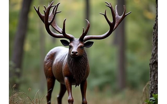 Sculpture détaillée d'un animal (cerf) en métal soudé, texture réaliste, dans une forêt stylisée. Art figuratif en métal, sculpture de jardin.